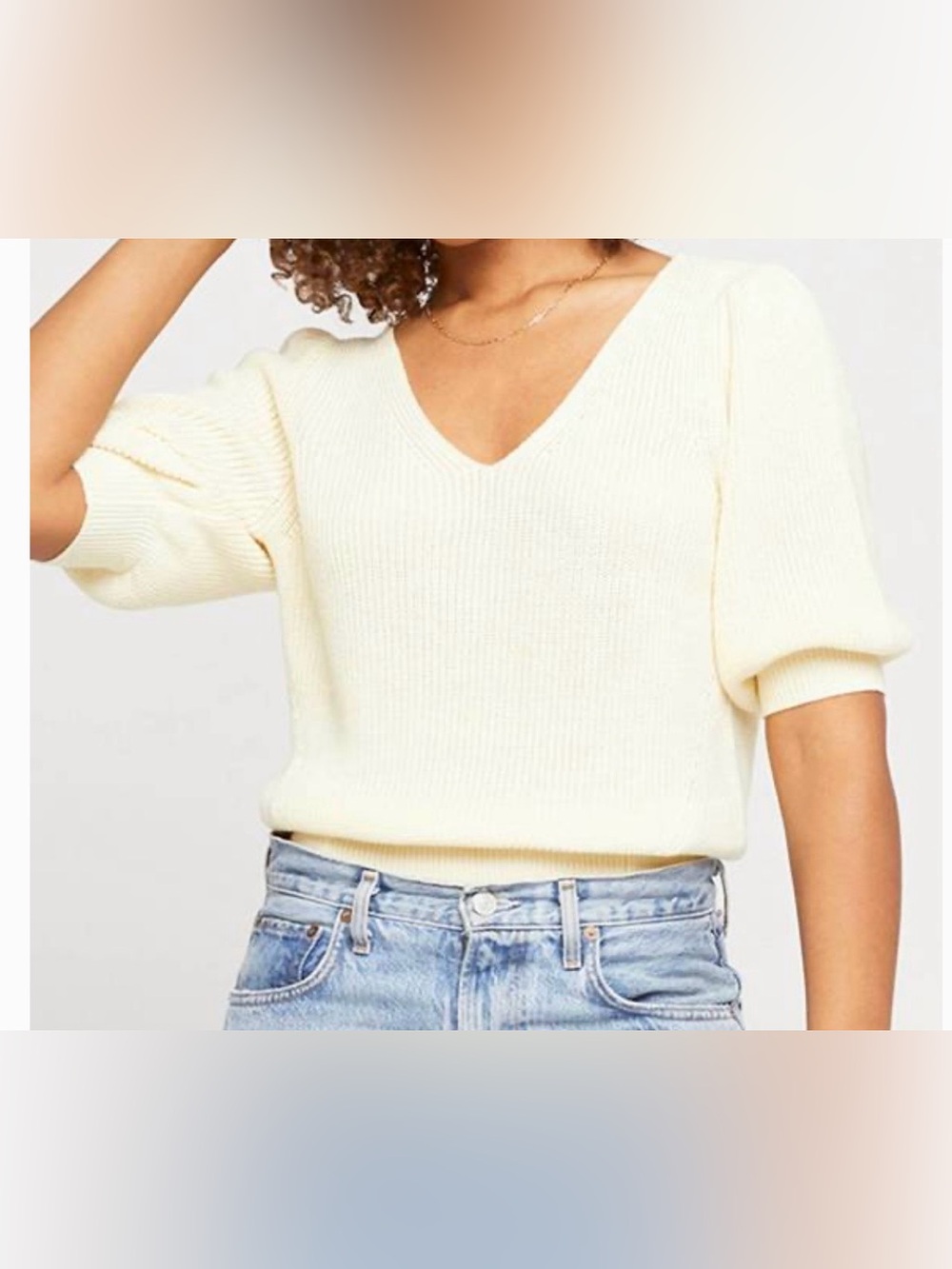 NWT Gentle Fawn Light Yellow Ribbed Knit Top Puff Sleeve V-Neck Size L Spring